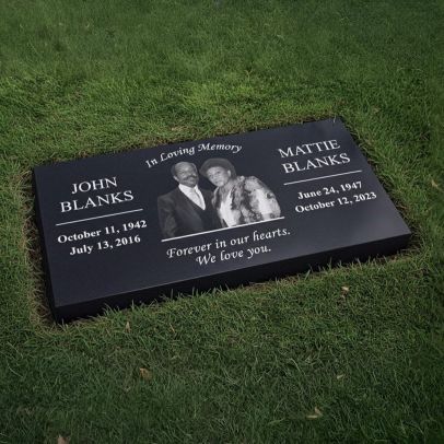 Custom laser engraved black granite companion headstone for father and mother with two photos