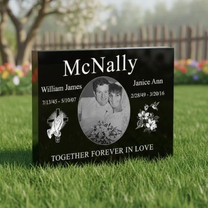 Custom Black Granite Companion Headstone with Engraved Photo for Parents