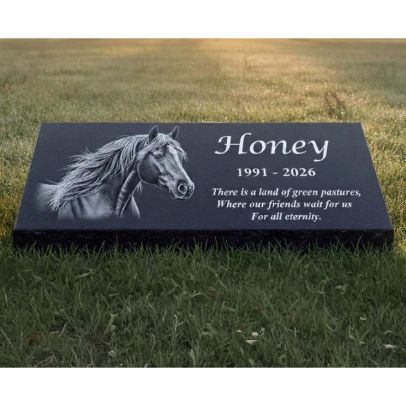 Personalized black granite horse memorial stone with laser engraved photo and dates